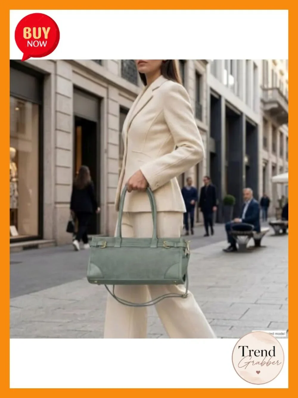 Genuine Suede Structured Satchel with Leather Trim - Adjustable Crossbody